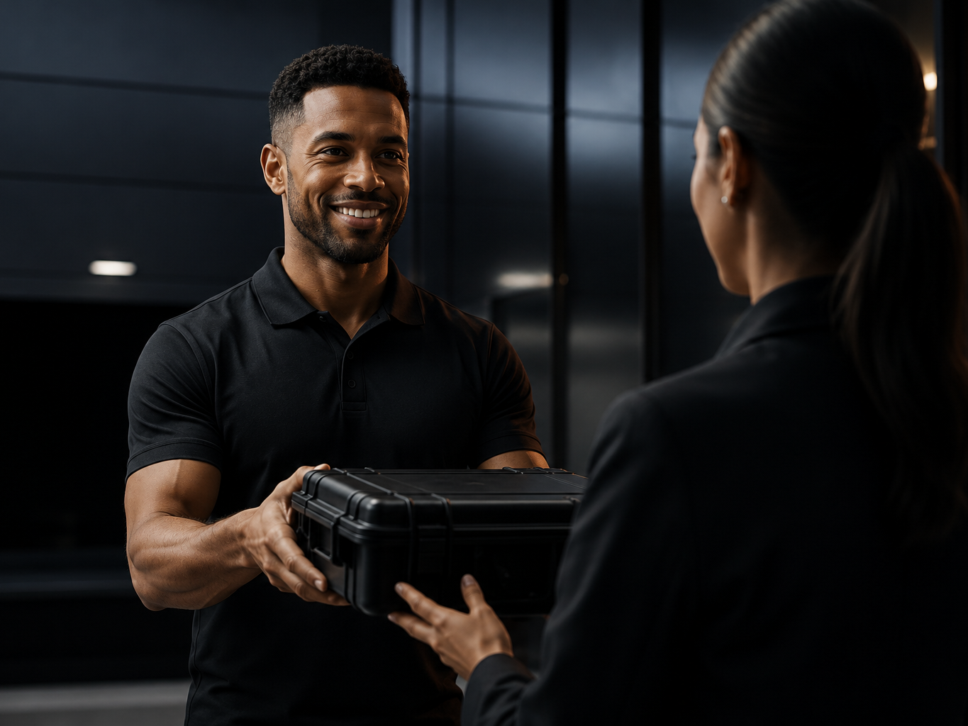 Smiling Precision Courier Solutions courier securely handing a sealed black transport case to a customer